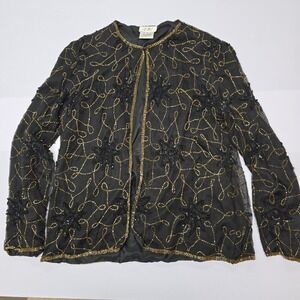 Vintage JMC Black Gold Beaded Silk Jacket Women's Medium‎ Evening Glamour